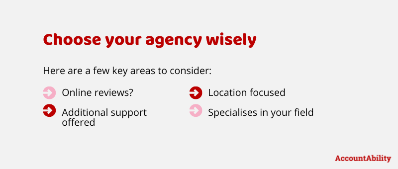 Infographic: Choose your recruitment agency wisely, consider: Online reviews, Location focused, additional support offered, specializes in your field