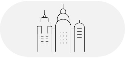 A black outline icon of city skyscrapers