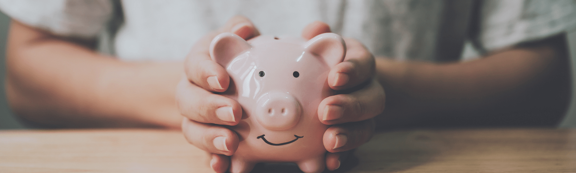 Woman's hands holding a piggy bank resting on table